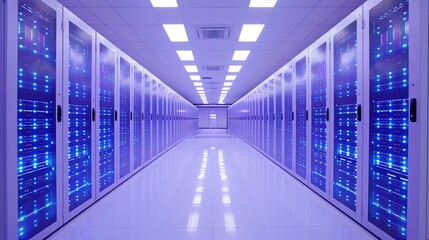 Fototapeta premium Modern data center with rows of server racks and blue LED lights, representing advanced technology infrastructure and data management.