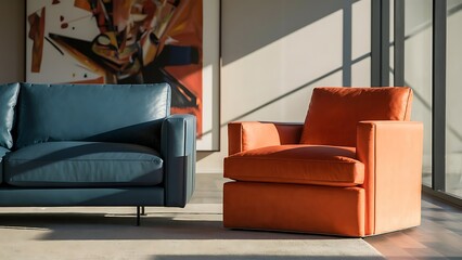 Side view of a modern living room interior with a sofa, armchair