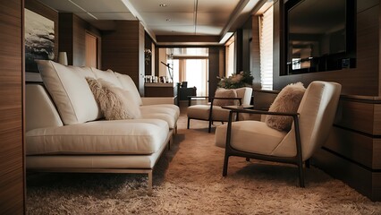 Obraz premium Side view of a modern living room interior with a sofa, armchair