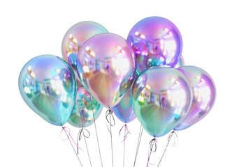 metallic foil multicolored balloons tied together on a transparent background
