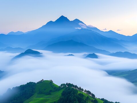 Serene mountain landscape with lush green hills and rolling clouds set against a clear blue sky, evoking peace and tranquility.