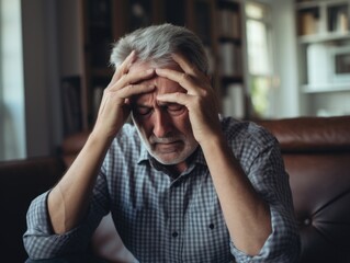 A person sitting on a couch looking stressed and overwhelmed, possibly experiencing a headache or mental strain