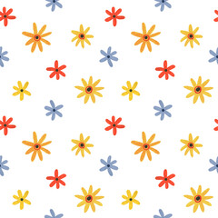 Seamless gouache texture with wild blue, red and yellow small flowers. Hand-drawn. Perfect for packing paper, decor, and textiles.