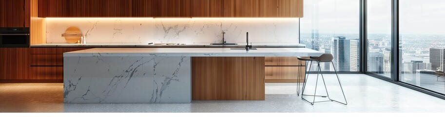 Clean and empty marble countertop, green vintage kitchen furniture with lots of flowers and bowl of strawberries, pair of white hanging pendant lights. AI generated illustration