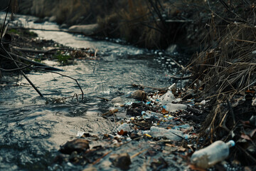 Fototapeta premium Dirty rivers due to piles of rubbish obstruct water flow. environmental pollution