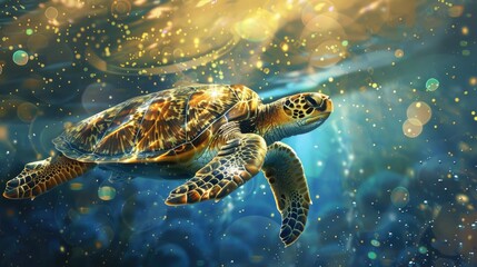 Obraz premium A majestic large golden sea turtle swimming in the ocean depths