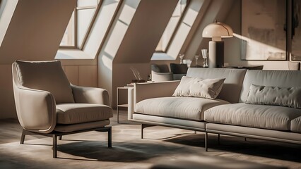 Side view of a modern living room interior with a sofa, armchair