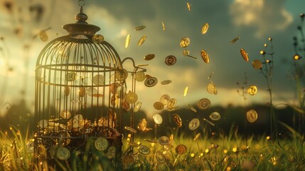 Golden coins escaping from an open birdcage into a clear blue sky, representing wealth and newfound freedom