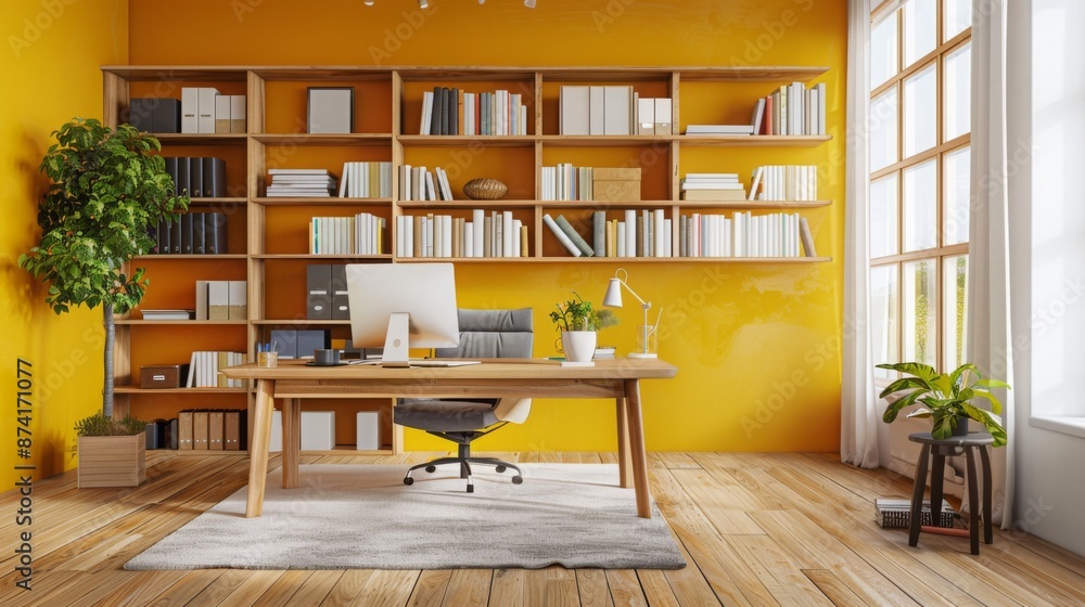 Poster a modern home office with a yellow wall, a large bookshelf, and a desk with a computer and chair.