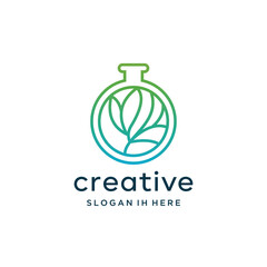 Chemistry tube science lab with plant and flower nature, minimalist with a line vector  icon logo design inspiration