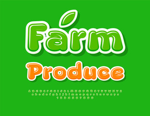 Vector ecologic banner Farm Produce. Glossy Green Font. Modern Alphabet Letters and Numbers set.