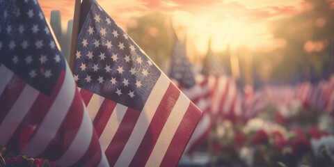 Field of American flags at sunset, ideal for patriotic events and celebrations