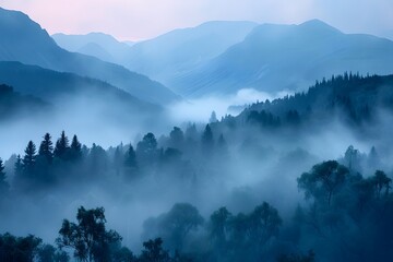 Obraz premium Mystical Morning Mist Over a Serene Mountain Forest