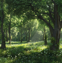 Obraz premium Beautiful forest full of green trees, running water on the ground, beautiful view