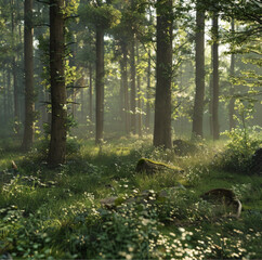 Beautiful forest full of green trees, running water on the ground, beautiful view