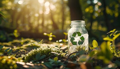 Glass jar with a green recycling symbol on it, standing on forest ground, with a blurred background