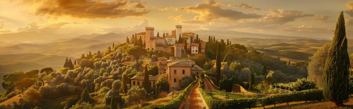 Majestic castle perched on a lush hilltop surrounded by greenery and a distant lake, under a hazy sky. AI generated illustration - Powered by Adobe