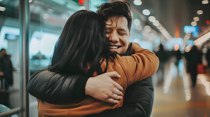 A joyful embrace between two people at a busy train station, expressing warmth and happiness in their reunion.