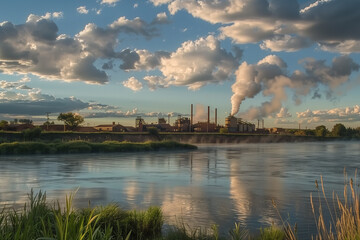 Naklejka premium Industrial factories with smoke emissions pollute the environment.