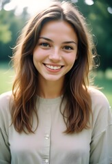 A young Caucasian woman smiling at the camera