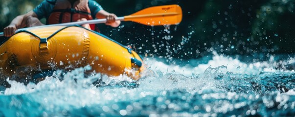 Fototapeta premium A person is paddling a raft in a river. The water is rough and the person is wearing a life jacket. Free copy space for text.