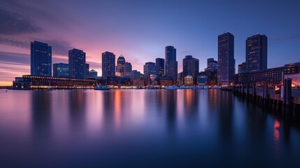 A breathtaking perspective of a city skyline at dusk, reflecting over calm water with skyscrapers and buildings lit up under a clear blue and pinkish sky.