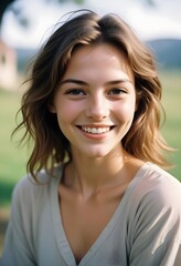 A young Caucasian woman smiling at the camera