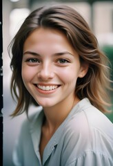 A young Caucasian woman smiling at the camera