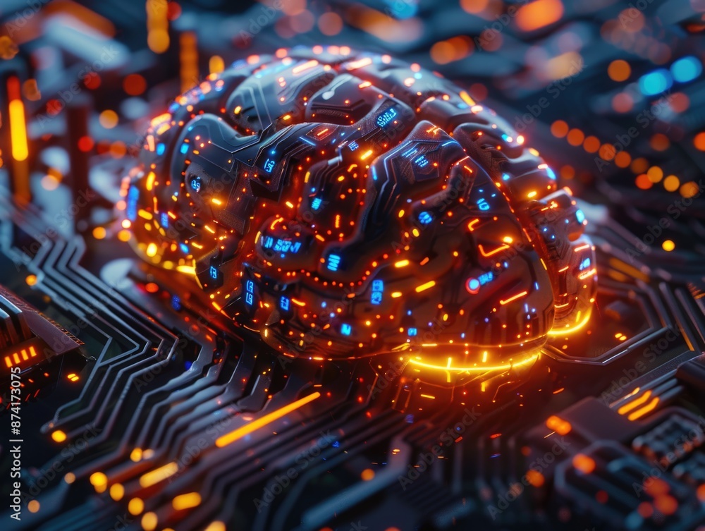 Poster a close-up of a computer circuit board with a glowing brain component, suitable for futuristic or te