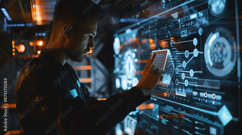 Poster man using a futuristic digital tablet while working on a project, highlighting advanced technology a