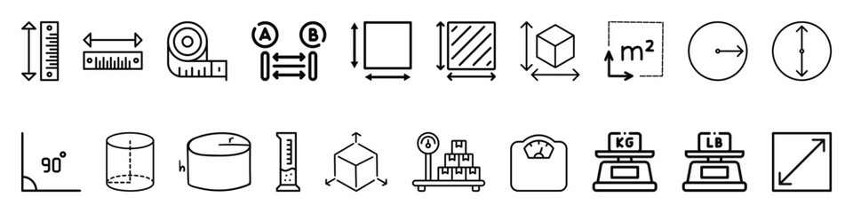 Line icons about length, weight and volume. Contains such icons as ruler, m2, area and more. Editable vector stroke. 