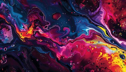 An energetic abstract artwork where vibrant hues and fluid movements merge into a lively tapestry, splashing liquid joy across a richly textured canvas.