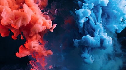 Collision of arctic blue and coral red inks, forming a stark contrast on a black surface,
