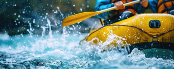 Naklejka premium A person is paddling a raft in a river. The water is rough and the person is wearing a life jacket. Free copy space for text.