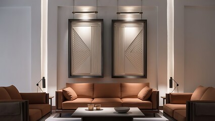 contemporary living room design, two vertical frames on white wall background
