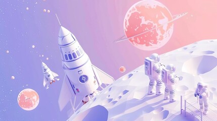 Moon landing, with illustrations of astronauts setting foot on the Moon, with a lunar module in the background