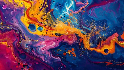 An energetic abstract artwork where vibrant hues and fluid movements merge into a lively tapestry, splashing liquid joy across a richly textured canvas.