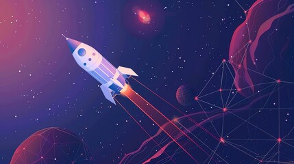 Cute cartoon rocket flying through space with planets and stars.