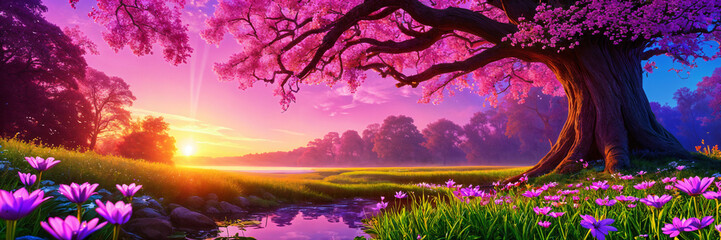 Serene landscape with a large tree, vibrant pink flowers, and a beautiful sunset.