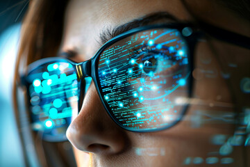 Close-up of young woman's face with digital data reflected in glasses