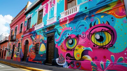 Obraz premium A vibrant mural painting covers the facade of a city building, featuring bright colors and abstract designs with a prominent face with large eyes. The artwork stretches across multiple buildings