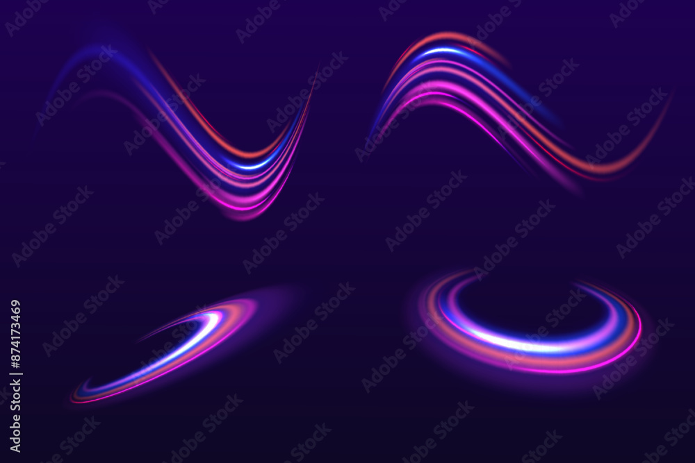 Poster Speed connection vector background. A large set of low-poly designs made of thin lines in the form of branches, spirals and arcs. Light and stripes moving fast over dark background.