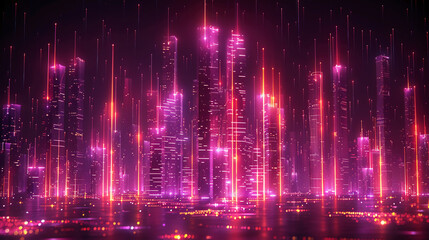 Obraz premium Futuristic Neon Skyline: Geometric Cityscape Reflection Vector