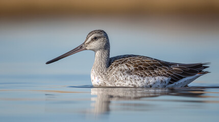 A long-billed shorebird with mottled brown and white plumage floats calmly on the water
