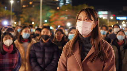 A group of people wearing masks gathers outdoors at night, with city lights and trees in the background. The focus is on a young woman in a brown coat and pink mask, looking attentively ahead
