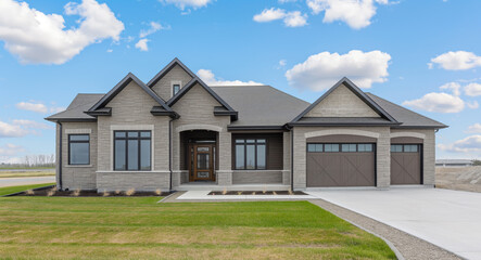 A modern single-story stone house with a gabled roof, large windows, and a double garage. It features a well-maintained lawn, a paved driveway, and a clear blue sky with scattered clouds