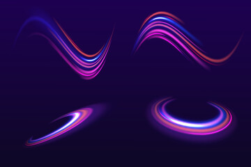 Speed connection vector background. A large set of low-poly designs made of thin lines in the form of branches, spirals and arcs. Light and stripes moving fast over dark background.