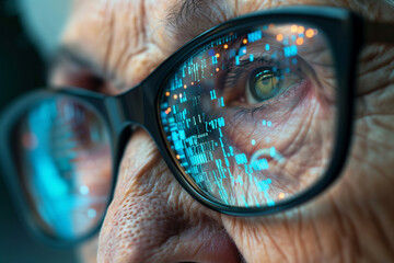 Close-up of a senior's face with digital data reflected in the glasses