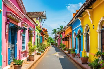Fototapeta premium A vibrant street lined with brightly colored buildings in pink, green, yellow, blue and orange, adorned with lush potted plants under a clear blue sky.