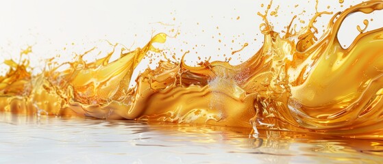 Golden liquid splash on white background.